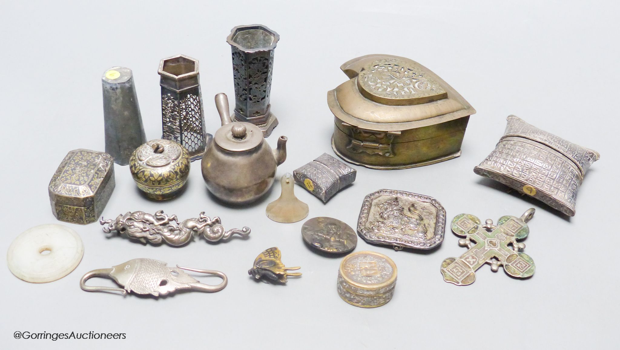 A group of Asian and other small collectables, white metal, brass, jade etc.